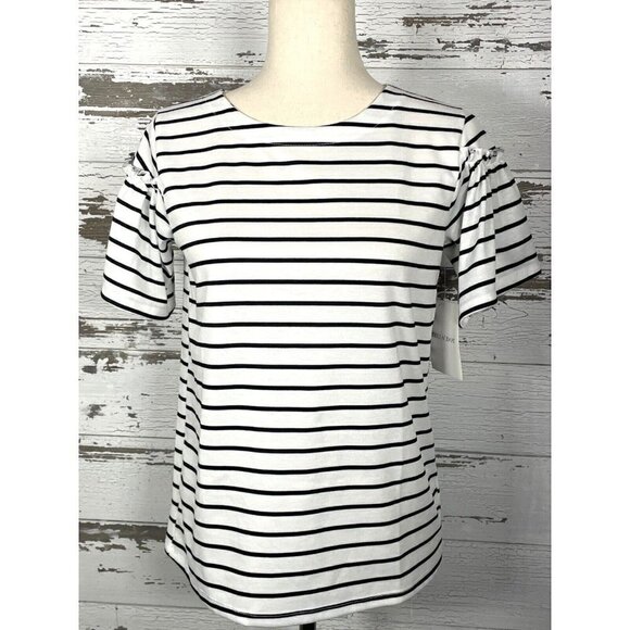 STELLA & DOT Maya White Black Striped T-Shirt S NWT - Picture 2 of 5